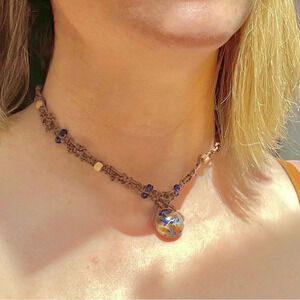NWT Handmade by Me Macraméd Brown Hemp Glass Swirl Pendant beaded Necklace